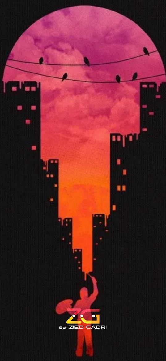 painter, drawing, houses, city, wires, birds, sunset, pink, orange, black background