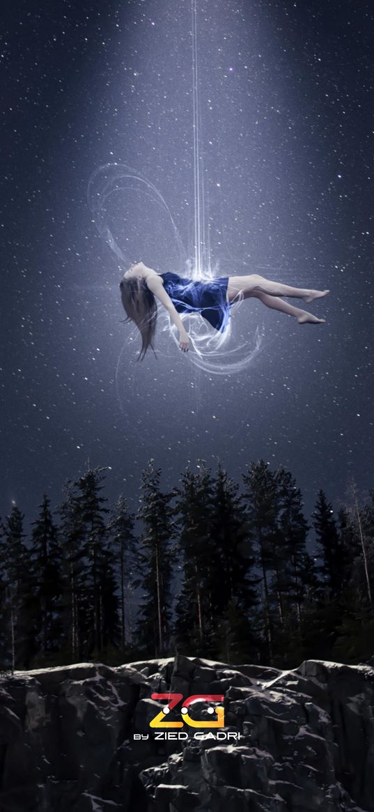 girl, falling, flying, glow, magic, forest, rock, stars, night