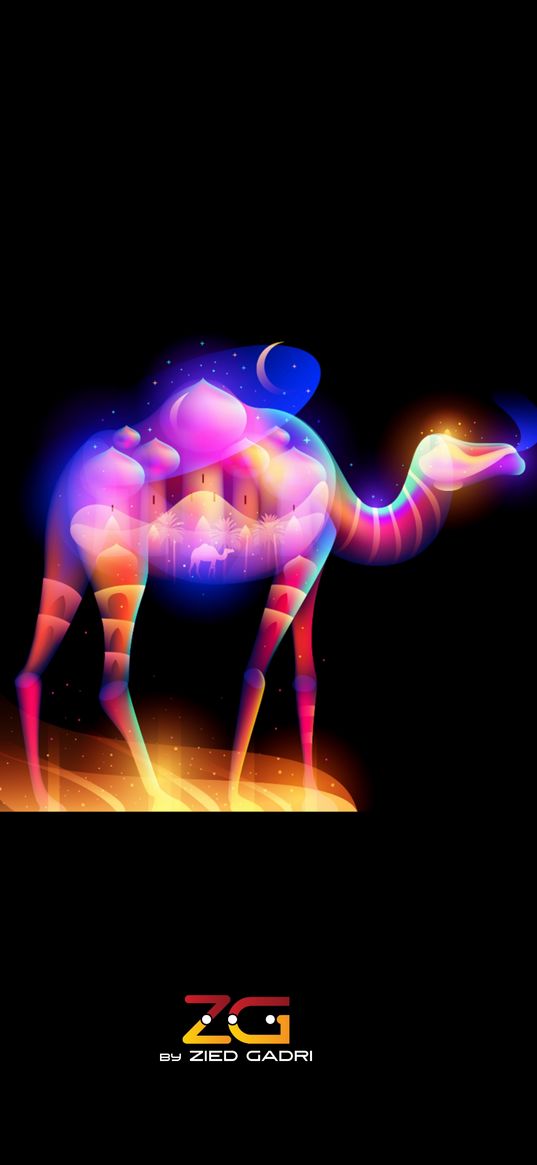 camel, palace, lamka, bright, fairy tale, digital art, black background