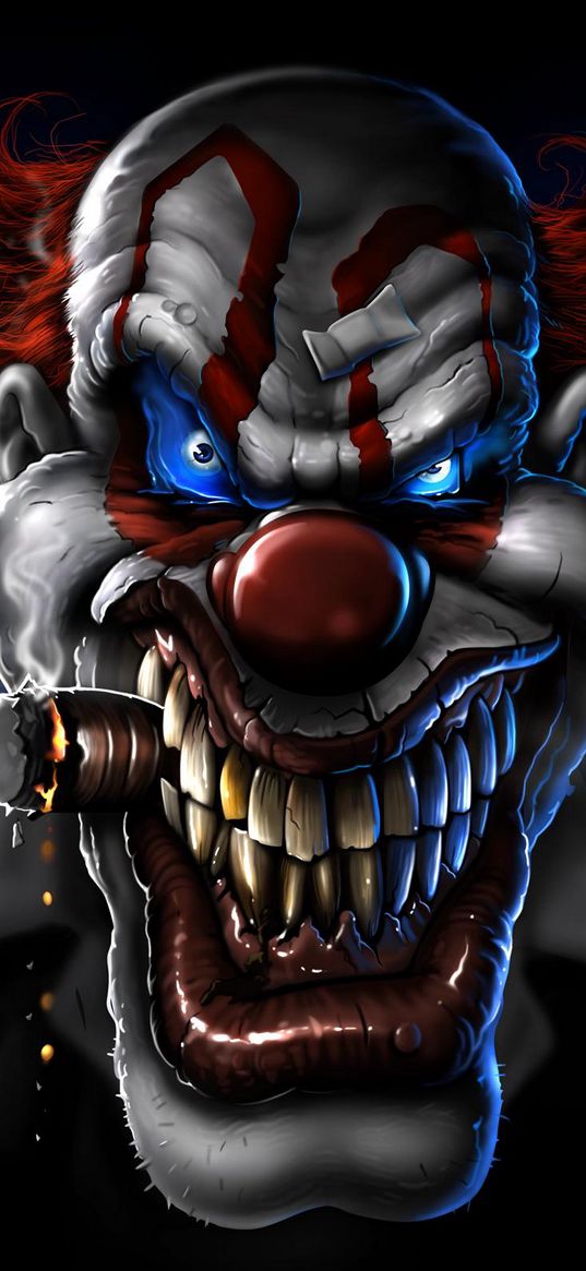 clown, makeup, scary, smile, cigar, blue eyes, art