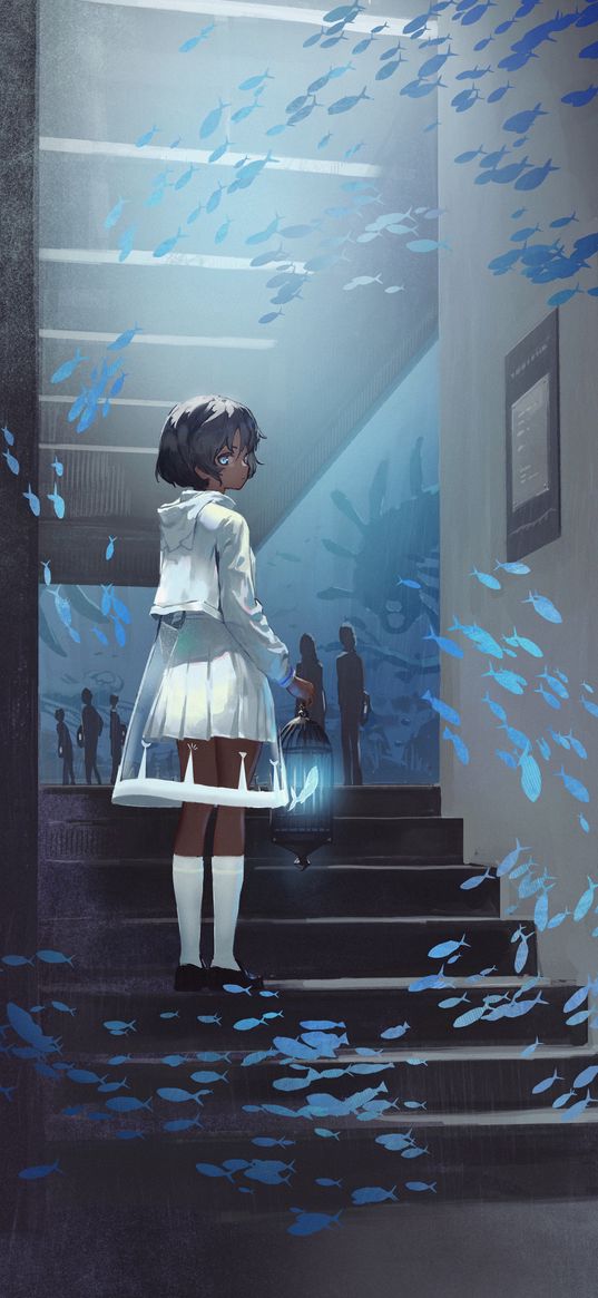 girl, cage, fish, aquarium, anime, art