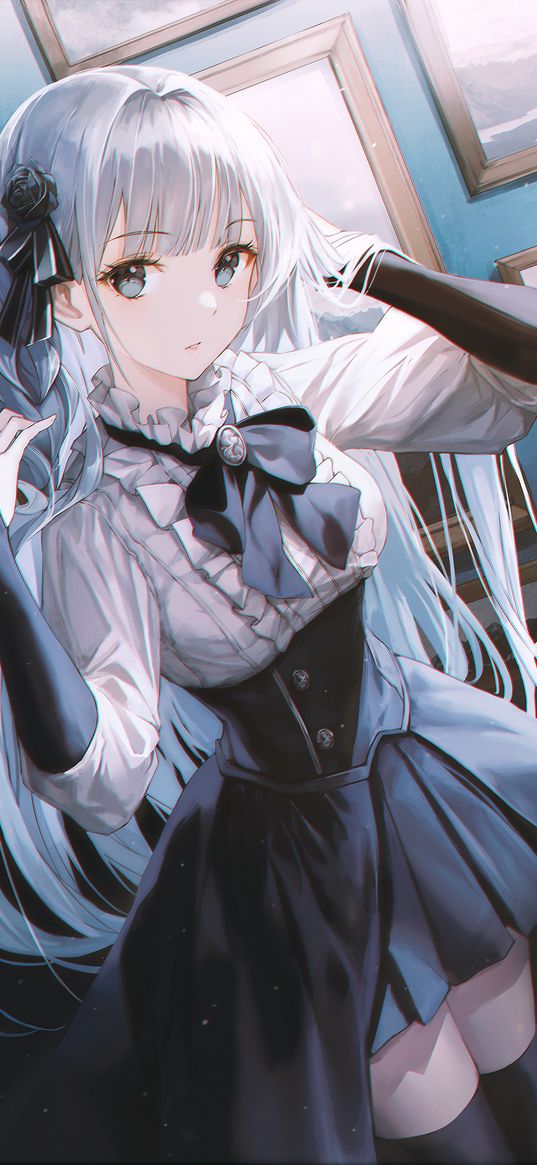 girl, gray hair, blouse, corset, skirt, cute, beautiful, paintings, anime, art