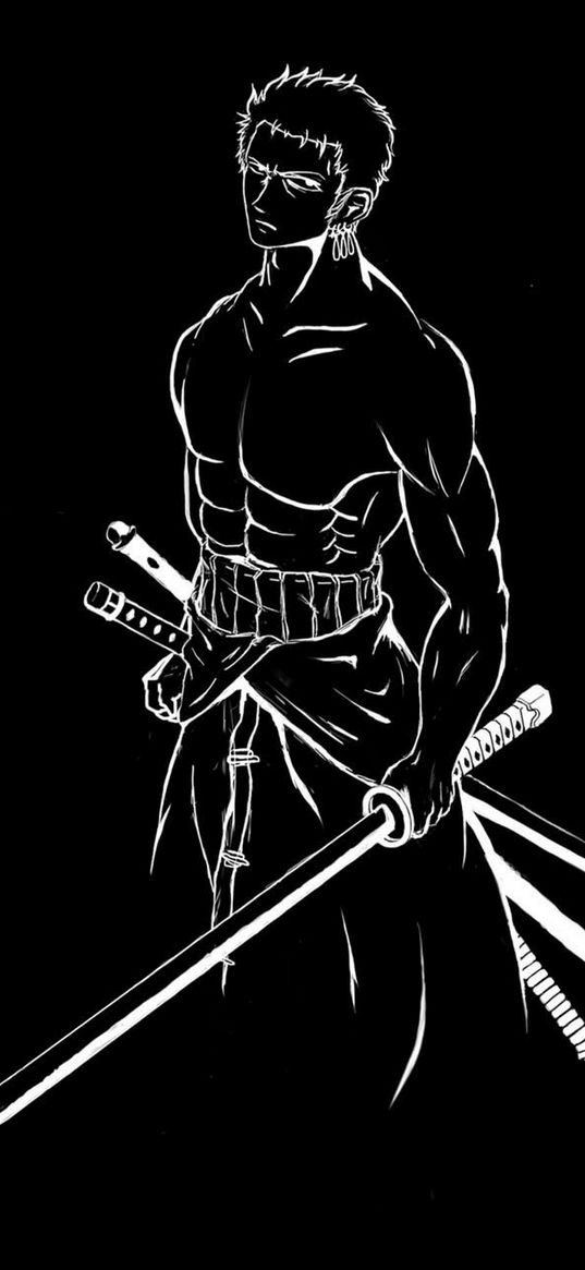 one piece, roronoa zoro, pirate, anime, guy, black and white, bw