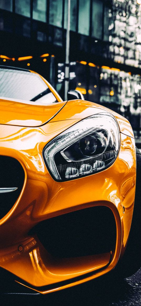 mercedes, amg gt, auto, yellow auto, sports car, headlights, light