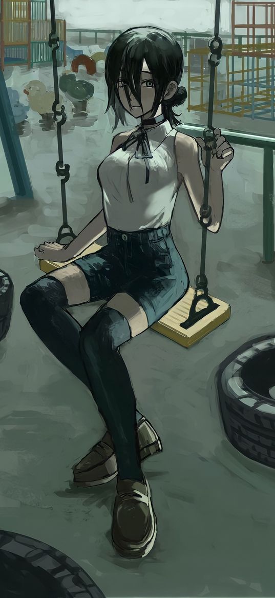 girl, swing, playground, stockings, anime, art