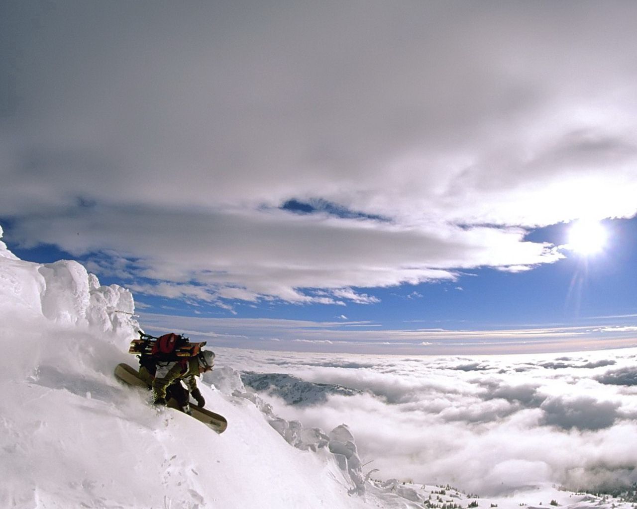 top, snowboard, descent, sky, extreme, height, clouds