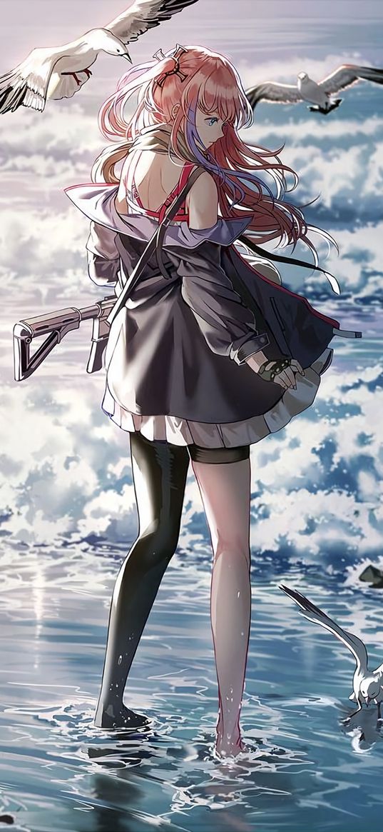 girl, anime, art, weapon, sea, waves, seagulls