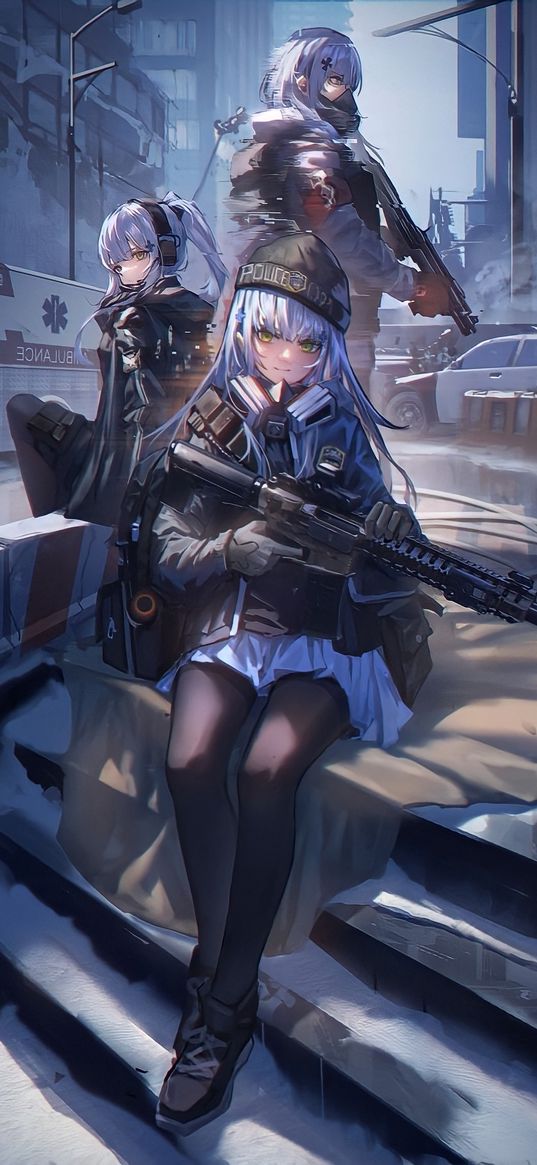 girls frontline, game, anime, girls, weapon, city, police, ambulance, art