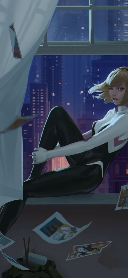 gwen stacy, art, window, spider-man, spiderman, marvel, superhero, city