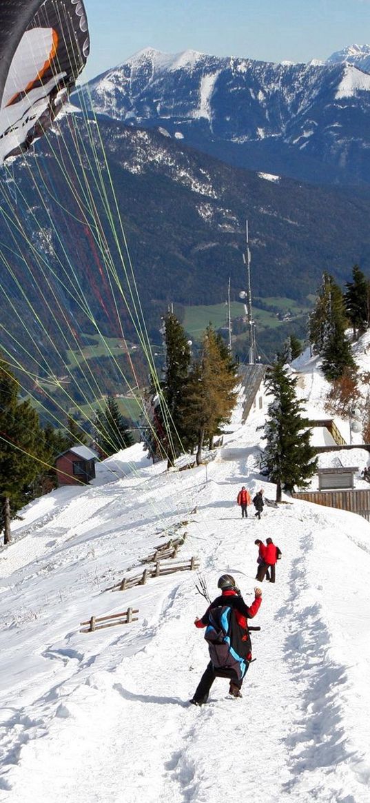 parachute, landing, extreme, snow, mountains, road