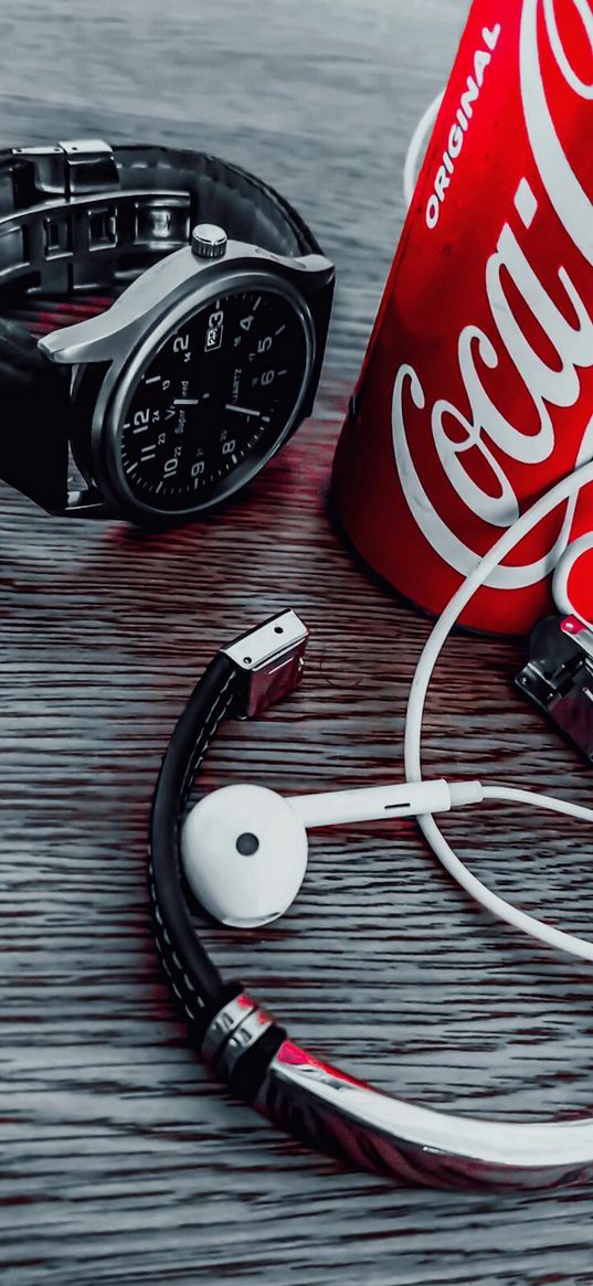 fashion, coca-cola, chill, watch, bracelet, headphones