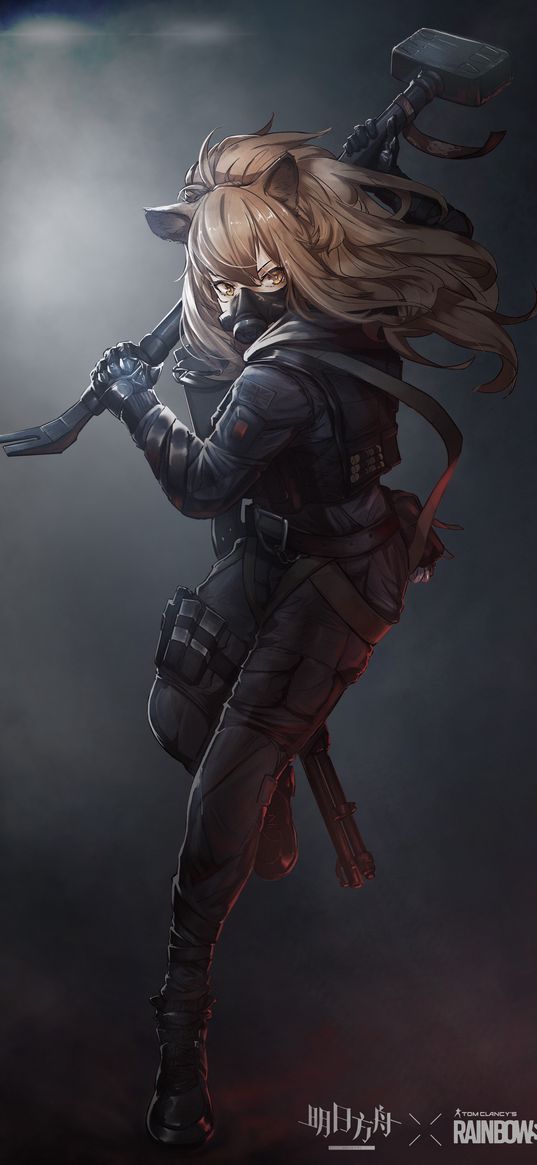 arknights, rainbow six siege, girl, games, ears, neko, anime, art, weapons, gray background