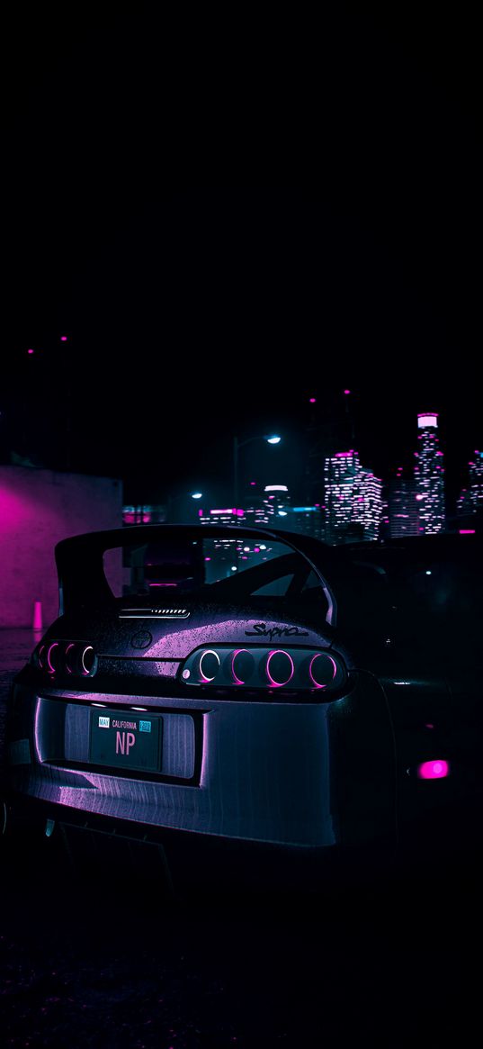 toyota, supra, auto, black auto, city, neon, purple