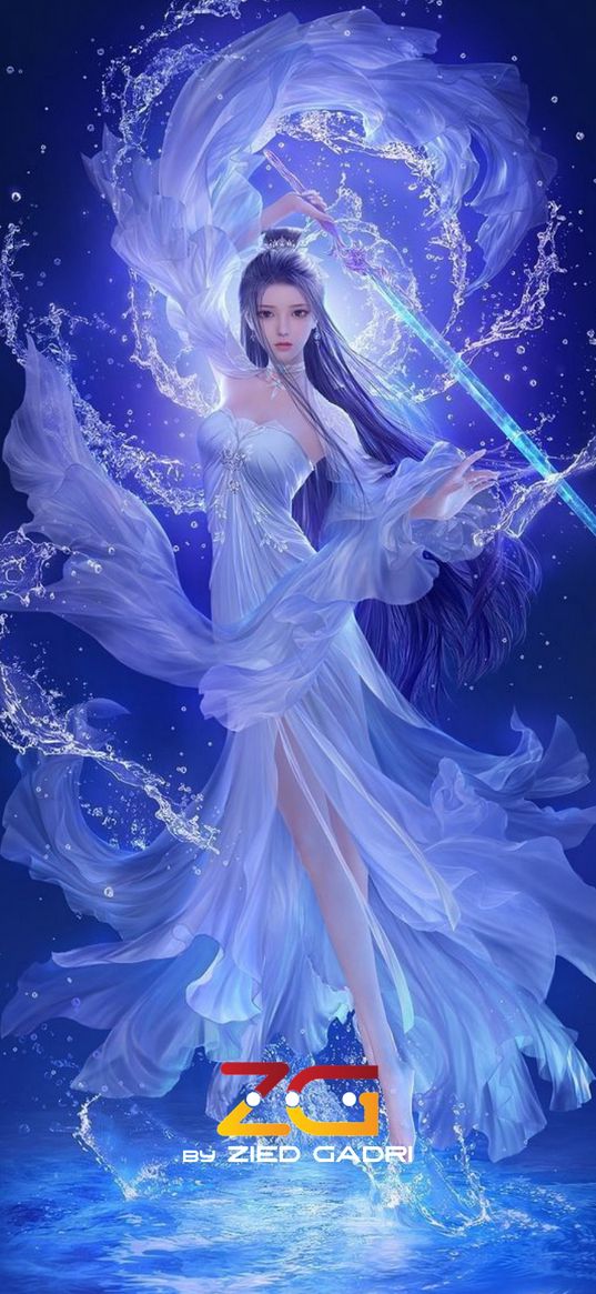 princess, water, blue, white dress, fantasy, art