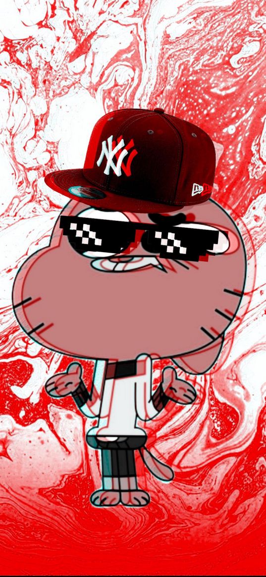 the amazing world of gumball, gumball, cartoon, cap, glasses, bright, red, art