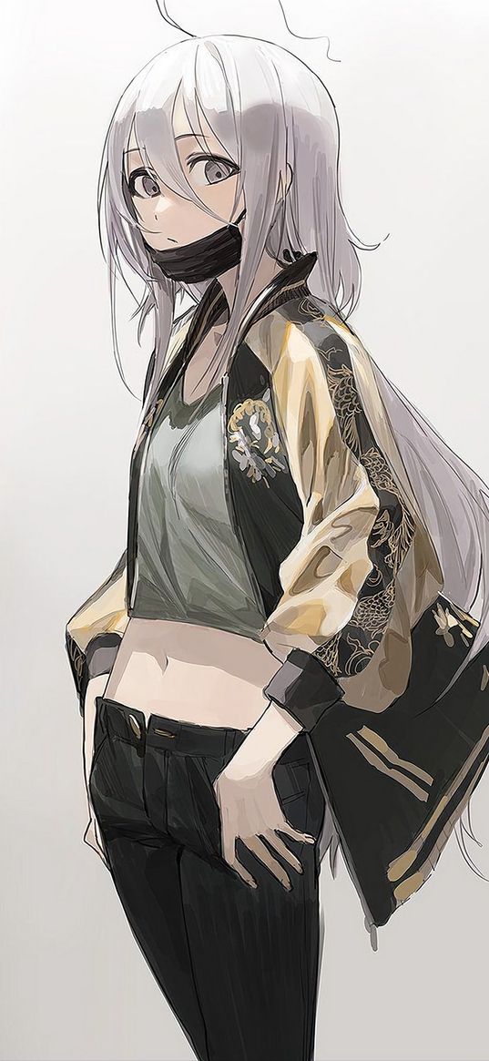 girl, blonde, gray hair, bomber jacket, mask, glance, anime, art