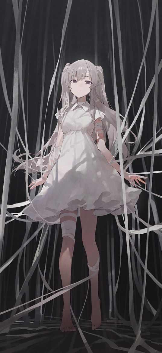 girl, bandages, white dress, gray background, anime, art