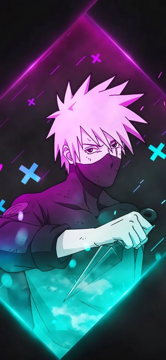 kakashi hatake, naruto, anime, guy, mask, kunai, rhombus, neon, purple, green, black background, art