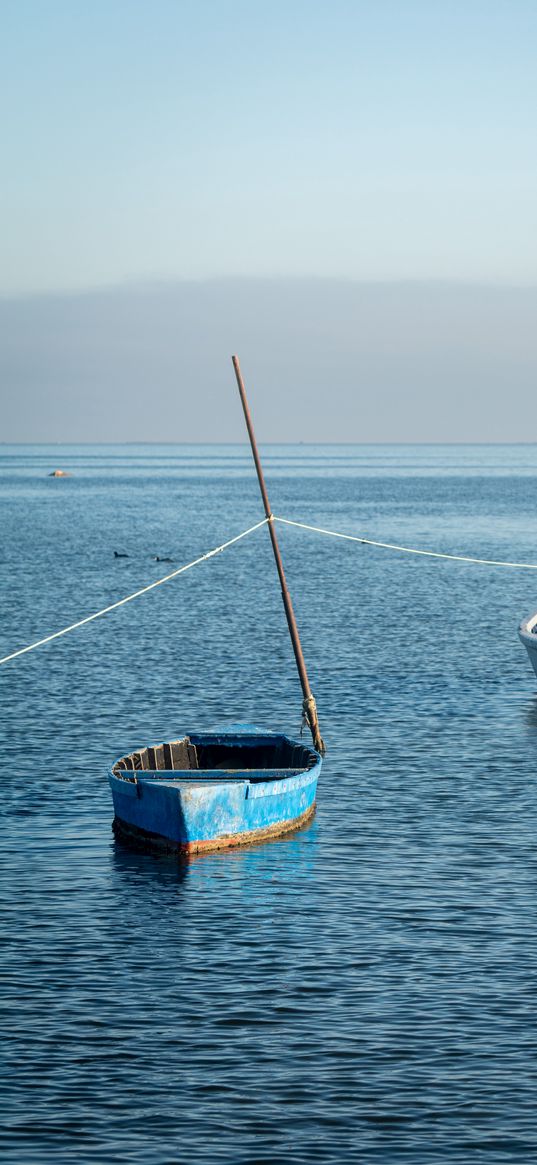 boat, rope, sea, minimalism, blue