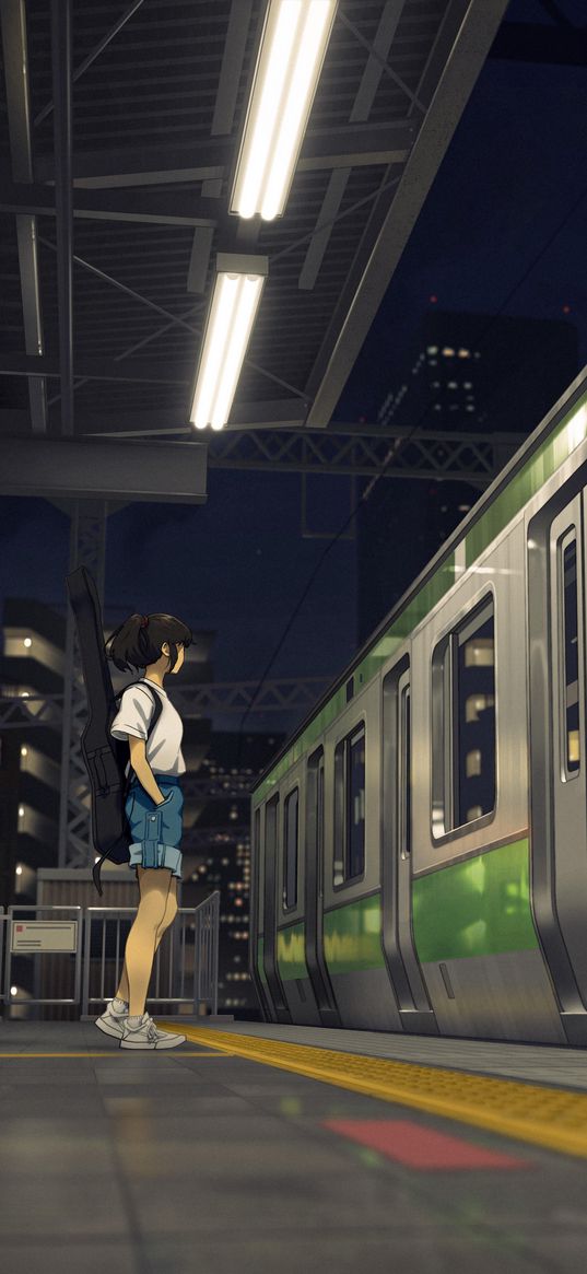 girl, train, subway, guitar, night, anime, art