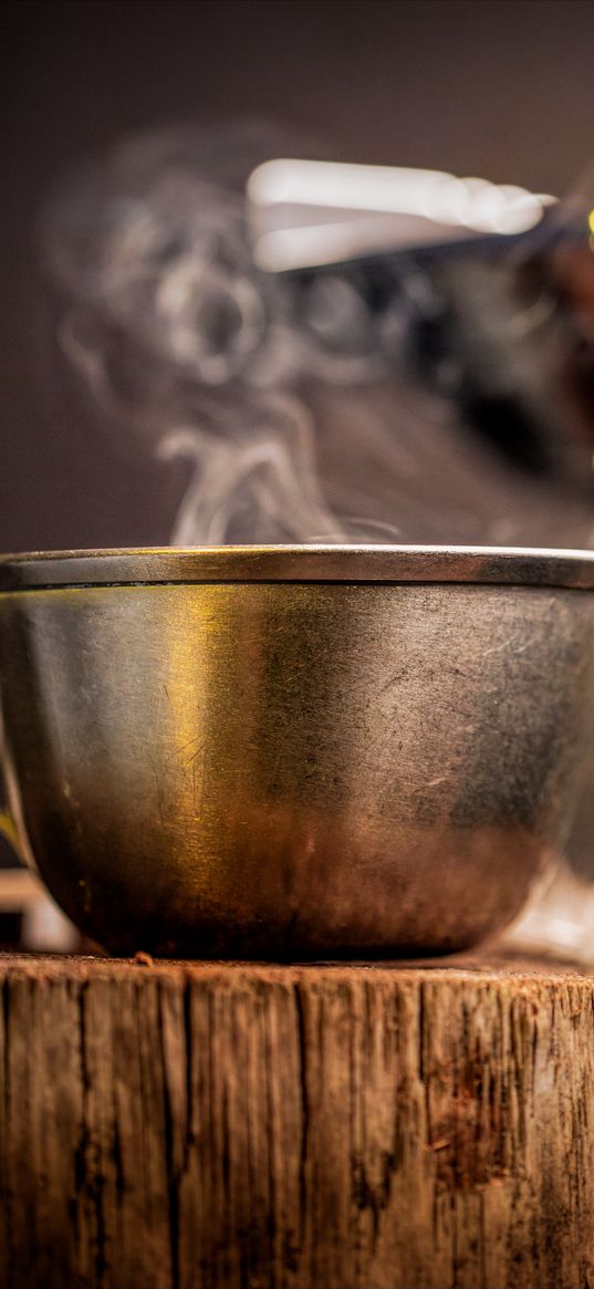 cup, coffee, hot, steam, wood