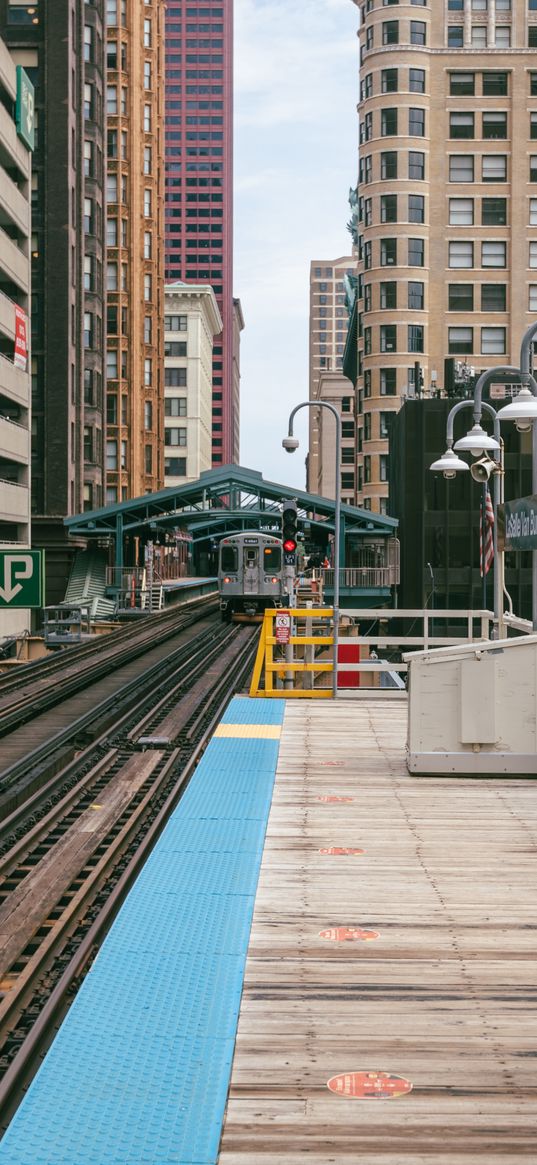 station, train, lights, buildings, city