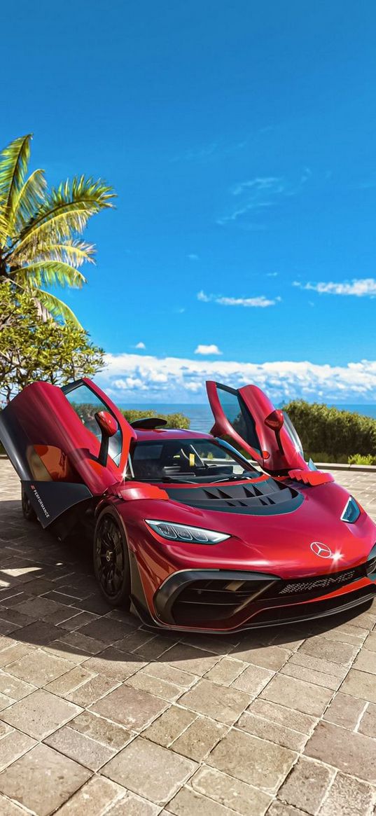 mercedes, amg gt, auto, red ayto, palm trees