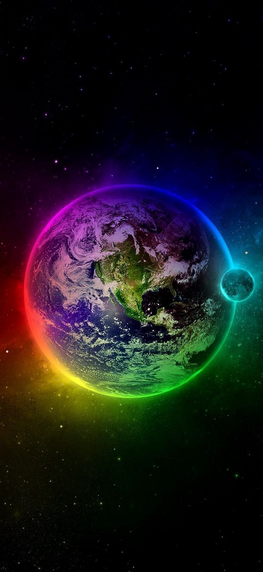 space, planet, earth, moon, rainbow, light, art