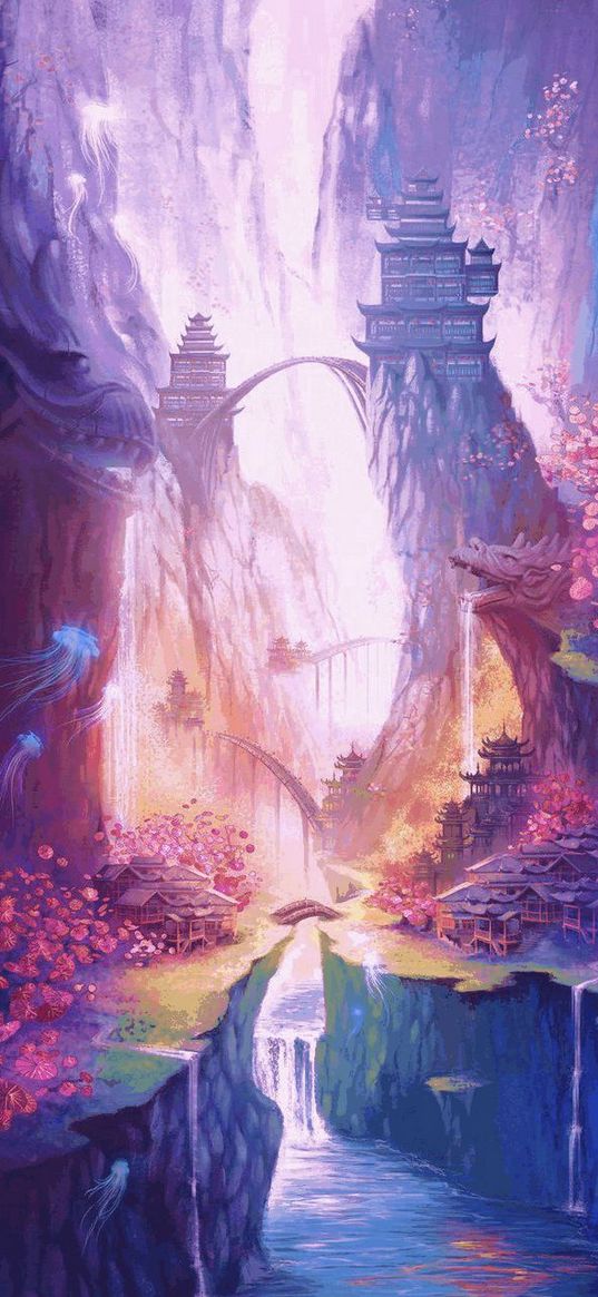 city, gate, arch, waterfall, jellyfish, nature, fantasy, art