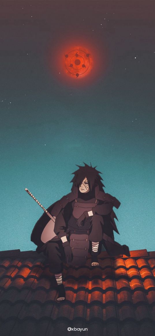 uchiha madara, madara, naruto, anime, warrior, sword, roof, sharingan, art