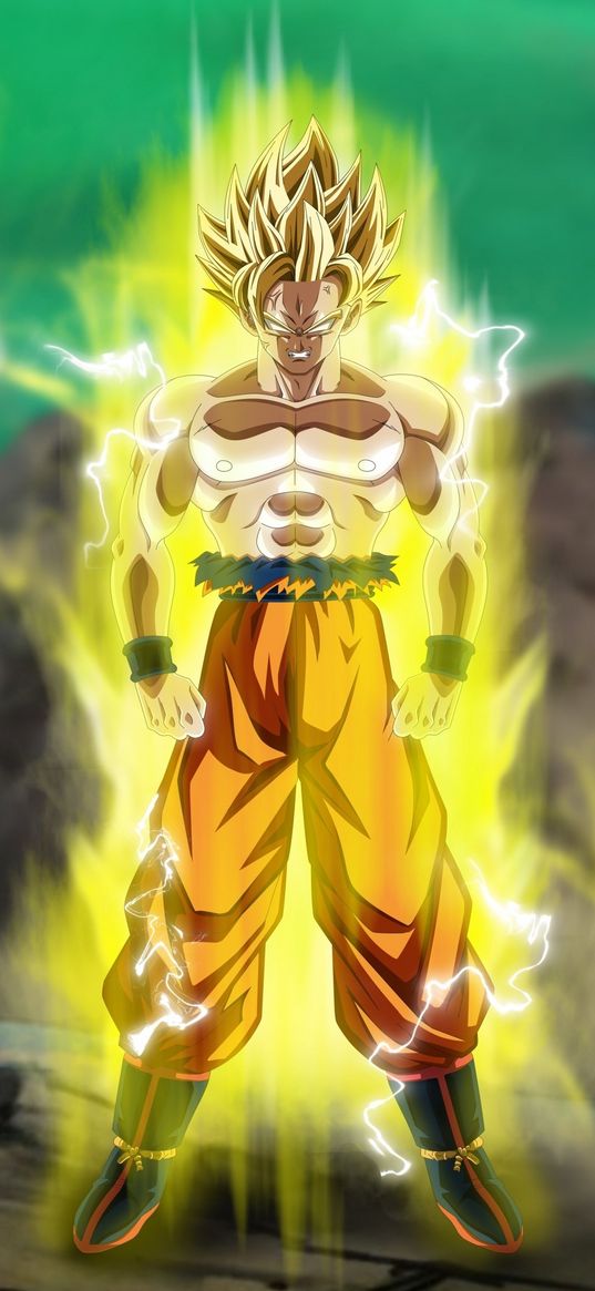 goku, dragon ball, anime, guy, fighter, super power, glow, yellow, art