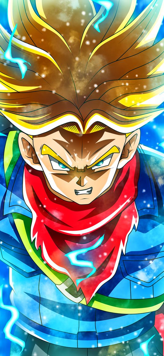 trunks, dragon ball, anime, guy, fighter, scarf, super power, lightning, art