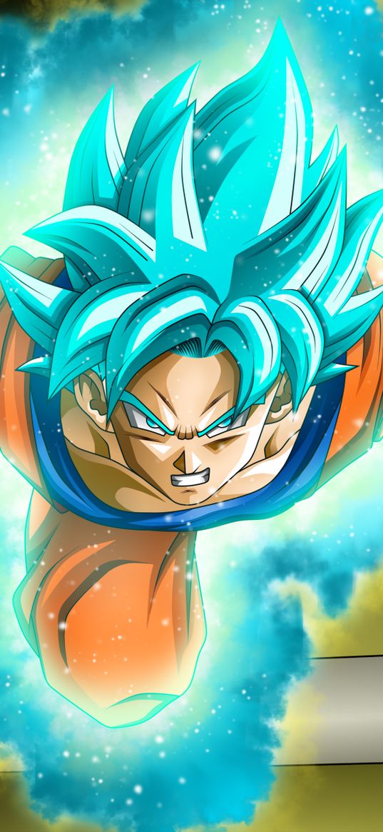 goku, dragon ball, anime, guy, fighter, blue hair, glow, evil, art