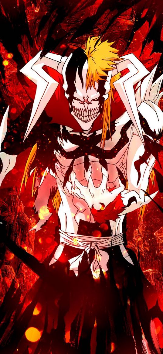 ichigo kurosaki, vasto lorde, bleach, anime, monster, mohawk, skeleton, horns, art