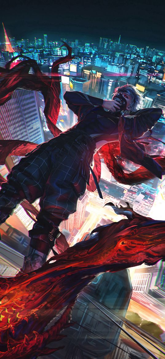 kaneki ken, tokyo ghoul, anime, guy, monster, falling, skyscraper, city, art