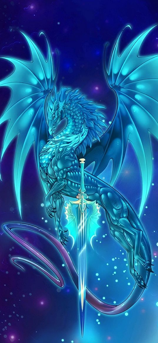 dragon, sword, blue, art