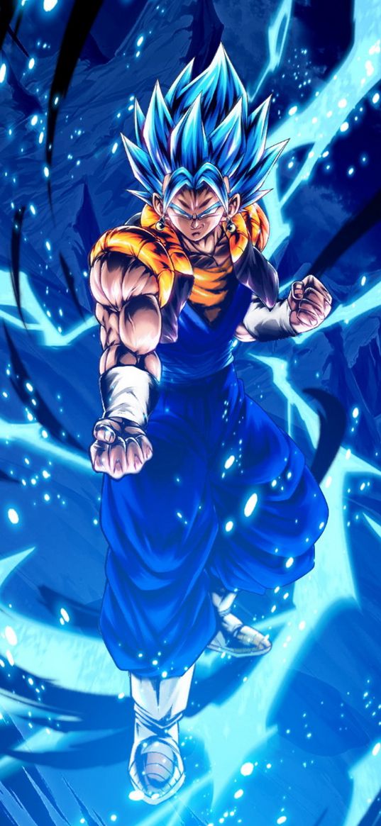 gogeta, dragon ball, anime, guy, fighter, super power, lightning, blue, art