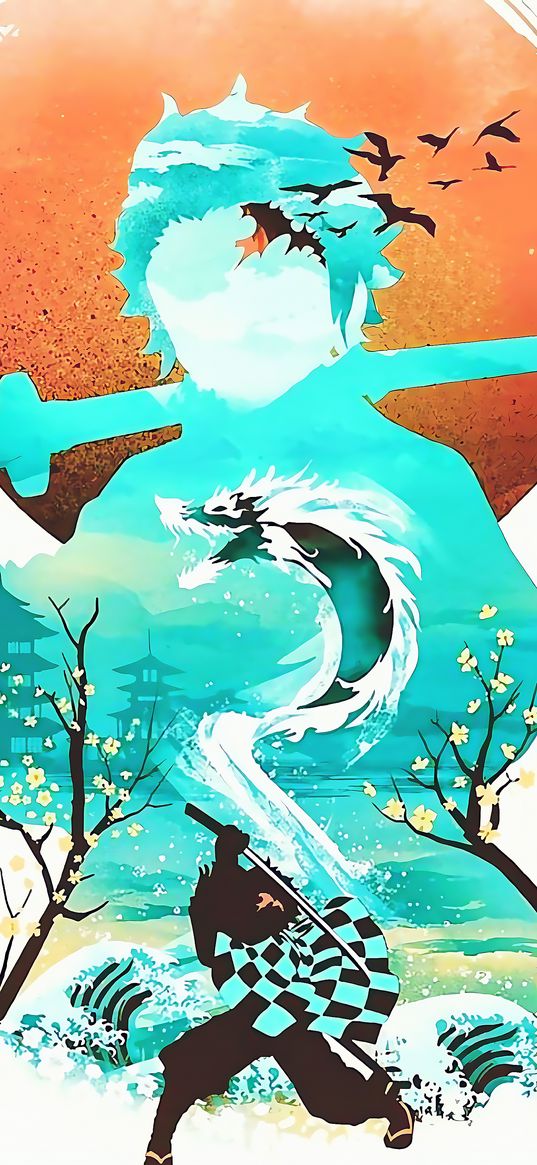 tanjiro, demon slayer, anime, silhouette, waves, birds, dragon, art