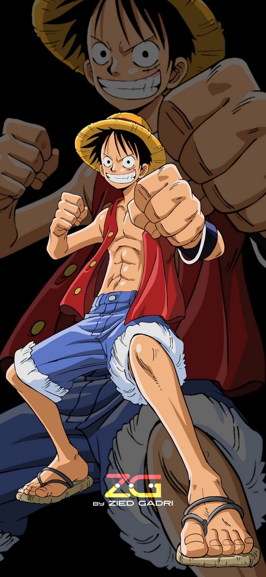 luffy, anime, hero, one piece, pose, fists, black background, art