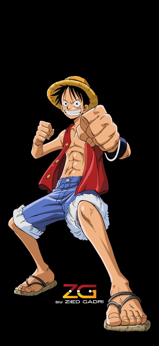 one piece, luffy, anime, pose, fists, black background, art