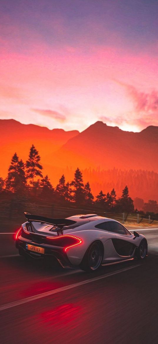 mclaren p1, car, silver, road, sunset