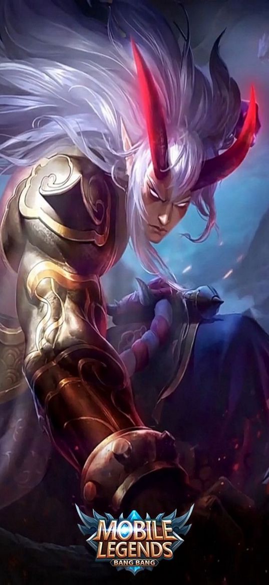 badang, mobile legends, game, character, gray hair, horns, armor, art