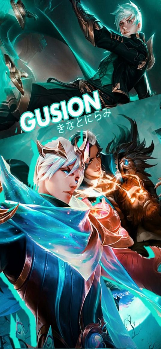 gusion, mobile legends, game, character, assassin, guy, gray hair, crown, collage, art