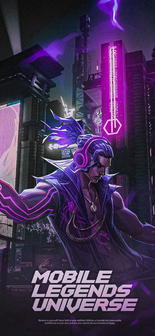 chou, mobile legends, game, character, guy, dreadlocks, headphones, implants, city, cyberpunk, art