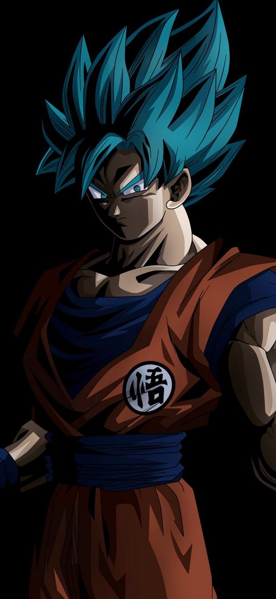 goku, dragon ball, anime, fighter, blue hair, black background, art