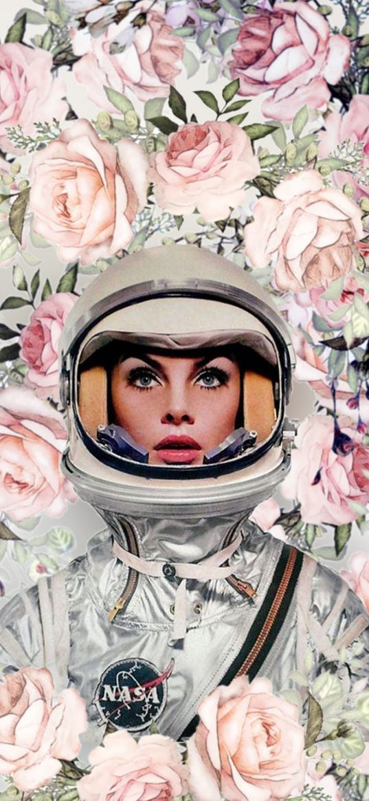 girl, astronaut, roses, flowers, nasa, retro, art