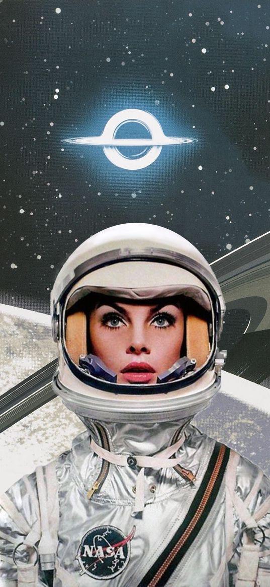 girl, astronaut, saturn, stars, space, nasa, retro, art