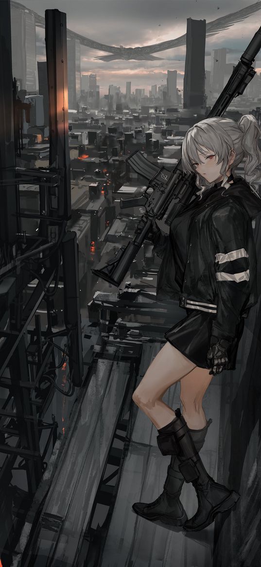 girl, rifle, gray hair, skirt, roof, city, spaceship, anime, art