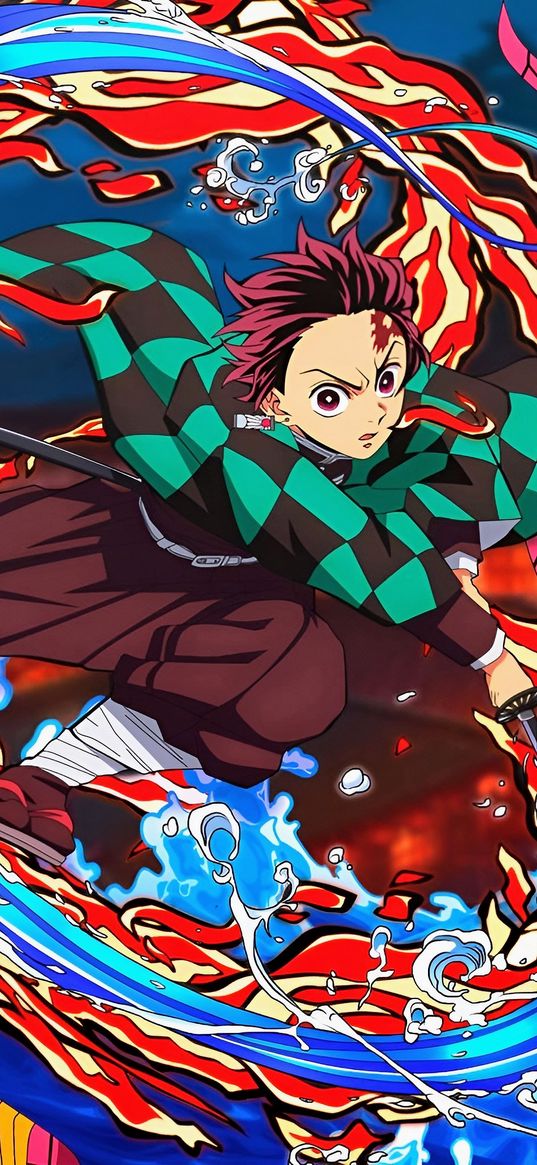 tanjiro kamado, demon slayer, anime, guy, katana, fire, water, art