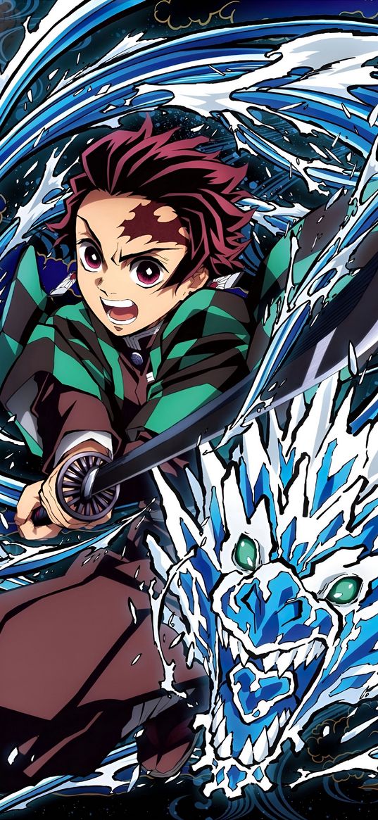 tanjiro kamado, demon slayer, anime, guy, katana, dragon, water, art